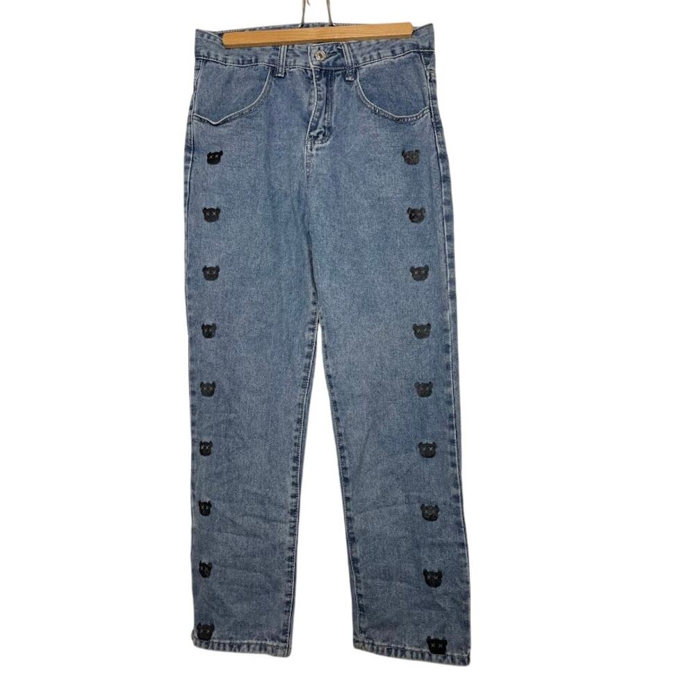 Emmiol Bear X Eyes Mens Jeans Medium‎ Wash Straight Leg Denim Pant Size M